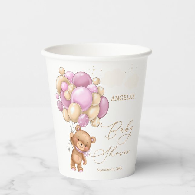 Teddy Bear Pink Balloons Babydusche Pappbecher (Vorderseite)