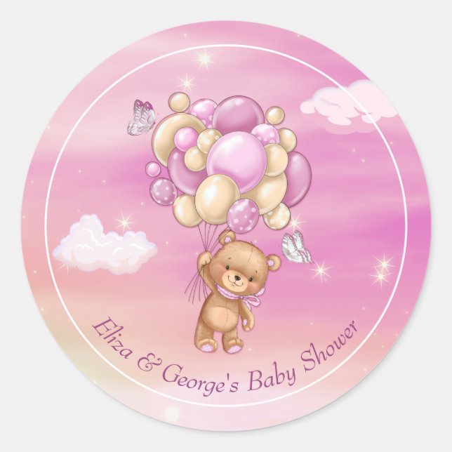 Teddy Bear Pink Balloons Babydusche Runder Aufkleber (Vorderseite)
