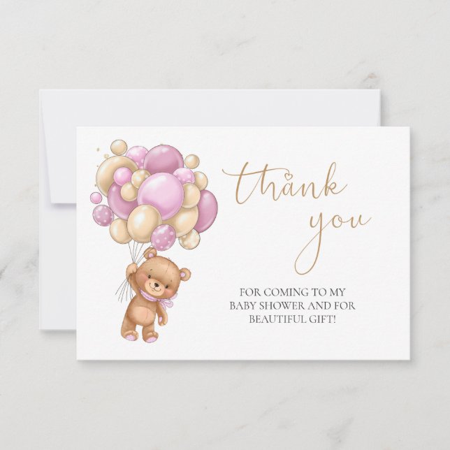 Teddy Bear Pink Balloons Babydusche Vielen Dank (Vorderseite)