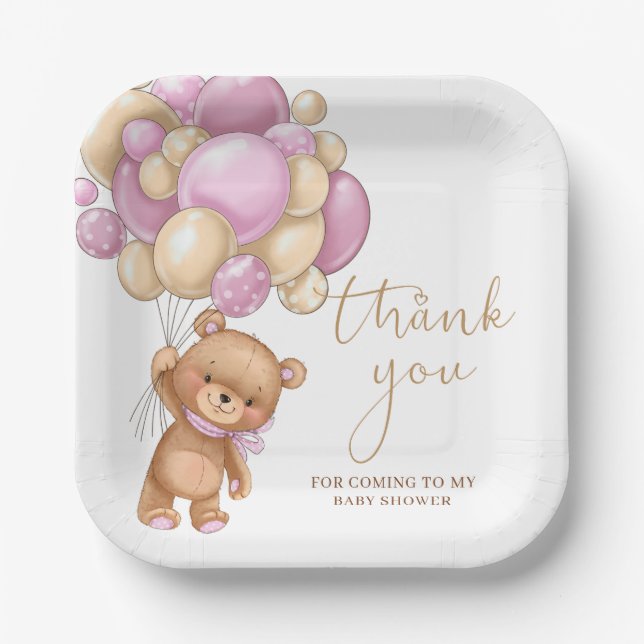 Teddy Bear Pink Balloons Babydusche Vielen Dank Pappteller (Vorderseite)