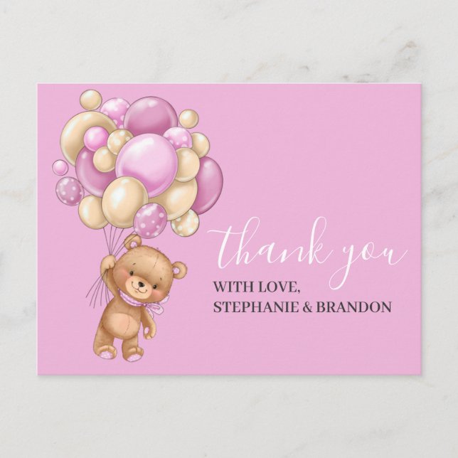 Teddy Bear PINK Balloons Danke Karte (Vorderseite)