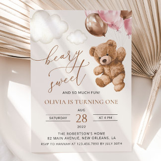 Teddy Bear, Pink Balloons, Erster Geburtstag Einladung