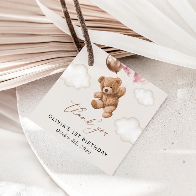 Teddy Bear, Pink Balloons, Erster Geburtstag Geschenkanhänger (Von Creator hochgeladen)