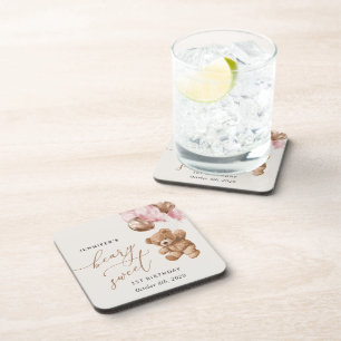 Teddy Bear, Pink Balloons, Erster Geburtstag Getränkeuntersetzer