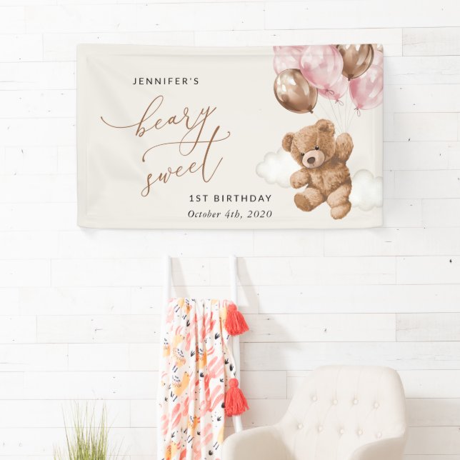 Teddy Bear, Pink Balloons, Erster Geburtstag Willk Banner (Insitu)