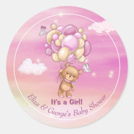 Teddy Bear Pink Balloons Girl Baby Dusche Runder Aufkleber