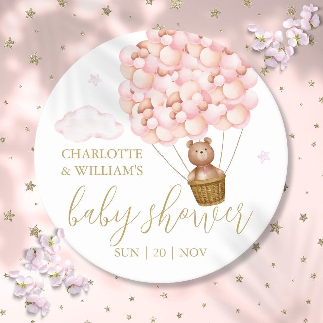 Teddy Bear Pink Balloons Girl Baby Dusche Runder Pappuntersetzer (Teddy Bear Pink Balloons Girl Baby Shower Round Paper Coaster)