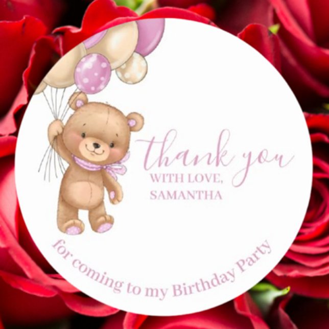 Teddy Bear PINK Balloons Glückwunsch zum Geburtsta Runder Aufkleber (Celebrate special moments with our Teddy Bear PINK Balloons Happy Birthday Thank You stickers.)
