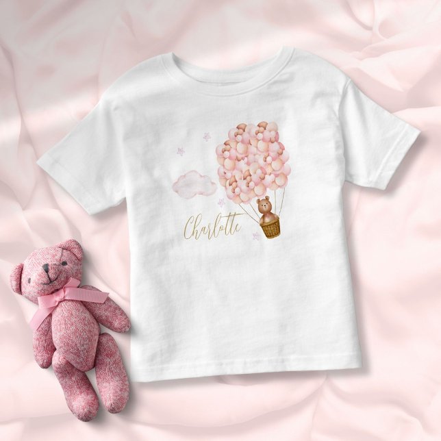 Teddy Bear Pink Balloons Gold Script Kleinkind T-shirt (Teddy Bear Pink Balloons Gold Script Toddler T-shirt)