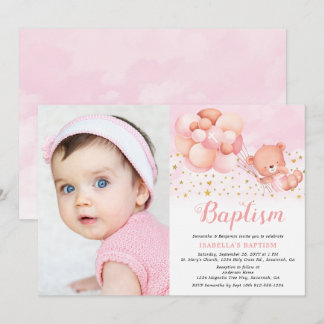 Teddy Bear Pink Balloons Gold Stars Foto Taufe Einladung