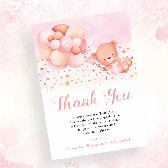 Teddy Bear Pink Balloons Gold Stars Taufe Dankeskarte (Von Creator hochgeladen)