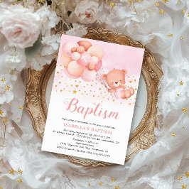 Teddy Bear Pink Balloons Gold Stars Taufe Einladung