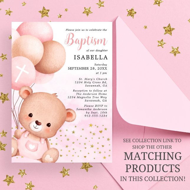 Teddy Bear Pink Balloons Gold Stars Taufe Einladung (Von Creator hochgeladen)