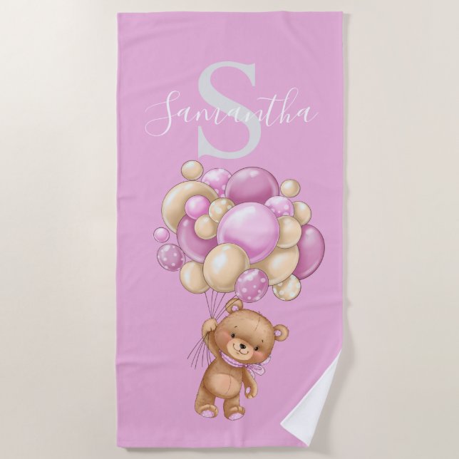 Teddy Bear Pink Balloons Strandtuch für Kinder (Vorderseite)