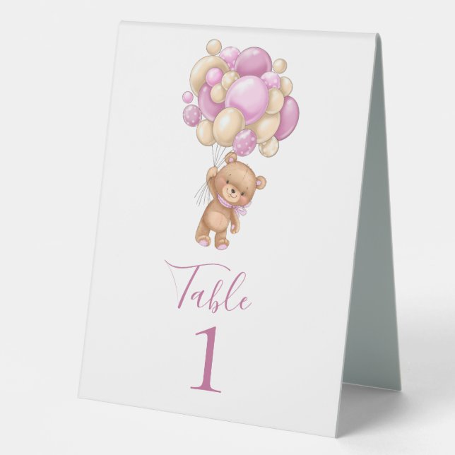 Teddy Bear Pink Balloons Table Zent Sign Tischaufsteller (Vorderseite)