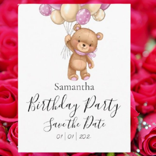 Teddy Bear Pink Birthday Party Save the Date Postkarte (Announce your special day with a charming Teddy Bear Pink Birthday Party Save the Date postcard. )
