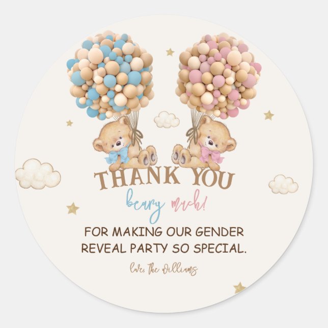 Teddy Bear Pink Blue Balloons Gender-Bericht Danke Runder Aufkleber (Vorderseite)