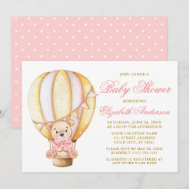 Teddy Bear Pink Bow Air Ballon Dots Baby Dusche Einladung