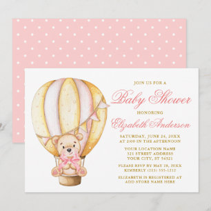 Teddy Bear Pink Bow Air Ballon Dots Baby Dusche Einladung