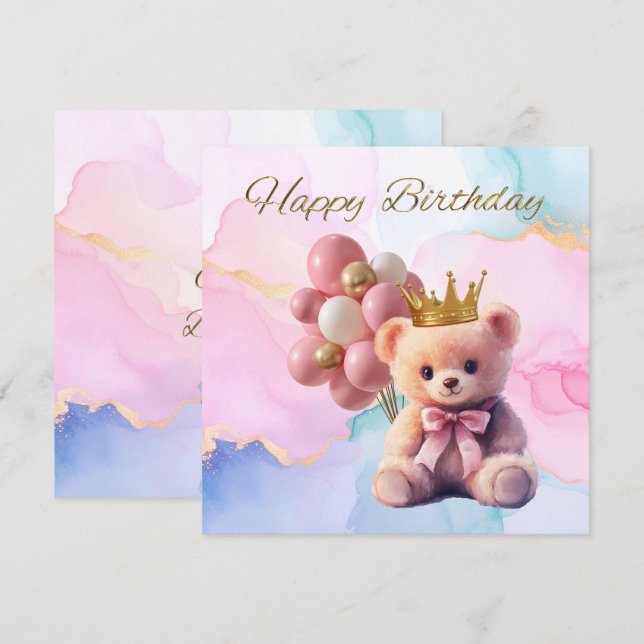 Teddy Bear Pink Bow Gold Crown Happy Birthday (Vorne/Hinten)