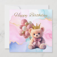Teddy Bear Pink Bow Gold Crown Happy Birthday