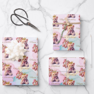 Teddy Bear Pink Bow Gold Crown Happy Birthday Geschenkpapier Set