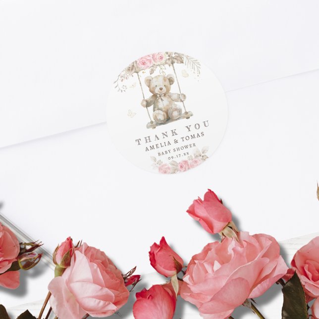Teddy Bear Pink Floral Baby Dusche Vielen Dank Runder Aufkleber (Von Creator hochgeladen)