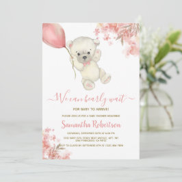 Teddy Bear Pink Floral Balloon Girl Babydusche Einladung