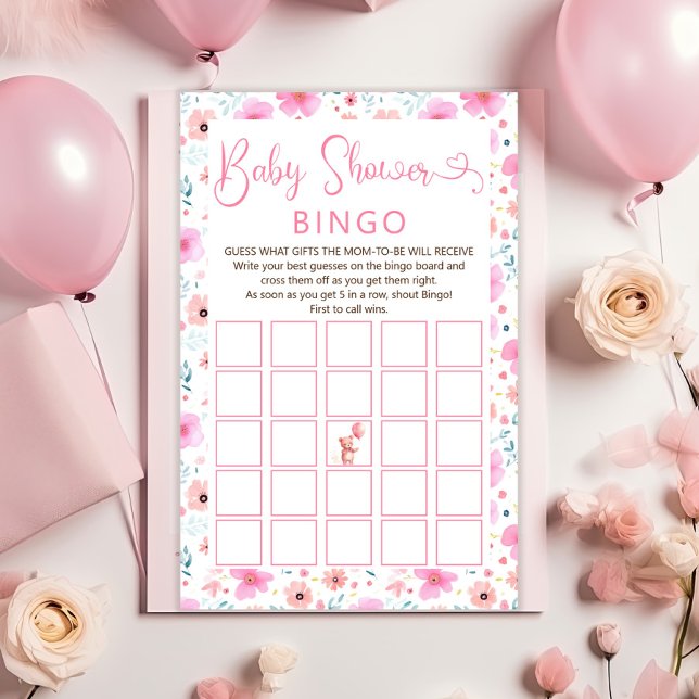 Teddy Bear Pink Floral Girl Babydusche Bingo Spiel (Von Creator hochgeladen)