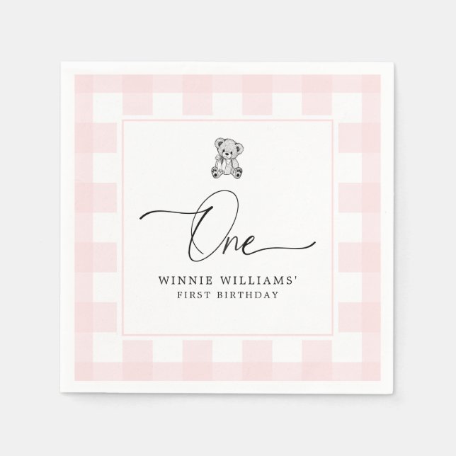 Teddy Bear Pink Gingham 1. Geburtstag Napkins Serviette (Vorderseite)