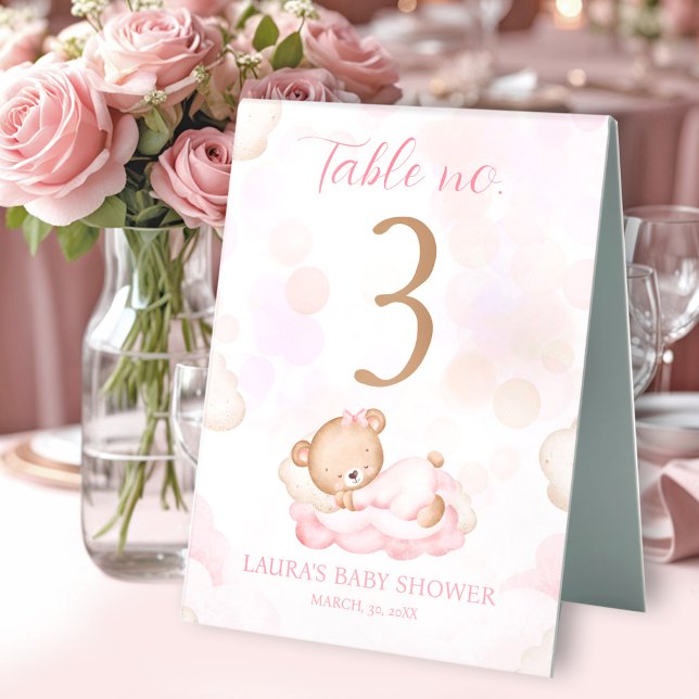Teddy Bear Pink Girl Babydusche Tischnummer Zeiche Tischaufsteller (Teddy Bear Pink Girl Baby Shower Table Number Sign)