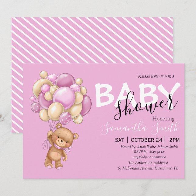 Teddy Bear Pink Girl Einladungen (Vorne/Hinten)