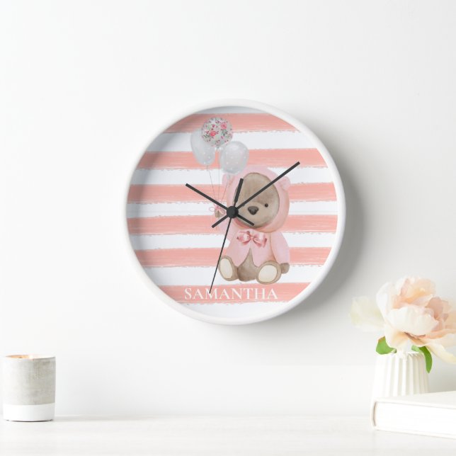 Teddy Bear Pink Girl's Personalisiert Room Uhr (Zuhause)