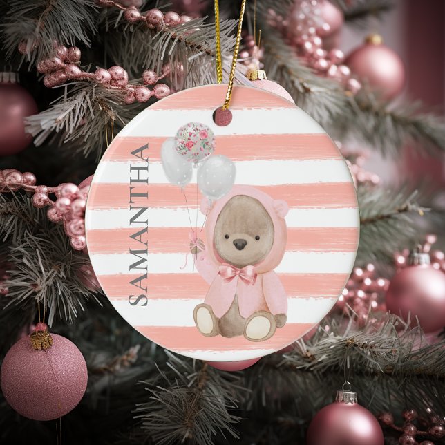 Teddy Bear Pink Girl's Personalisiertes Babygesche Keramik Ornament (Von Creator hochgeladen)