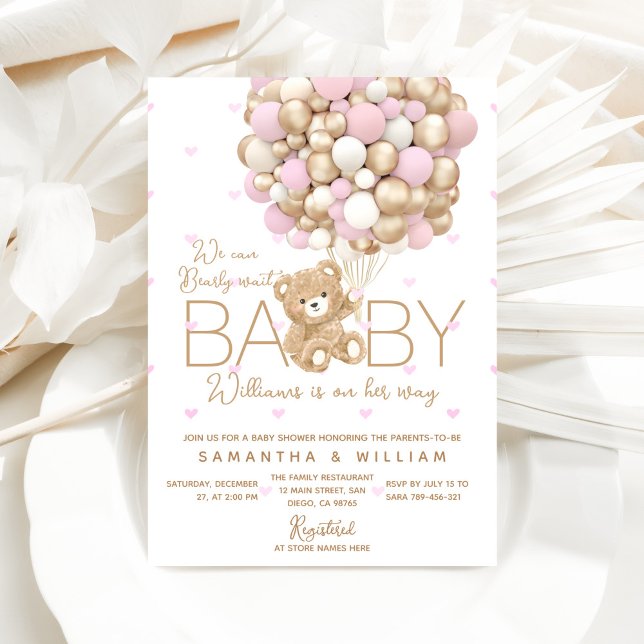 Teddy Bear Pink Heart & Balloon Baby Girl Dusche Einladung (Von Creator hochgeladen)