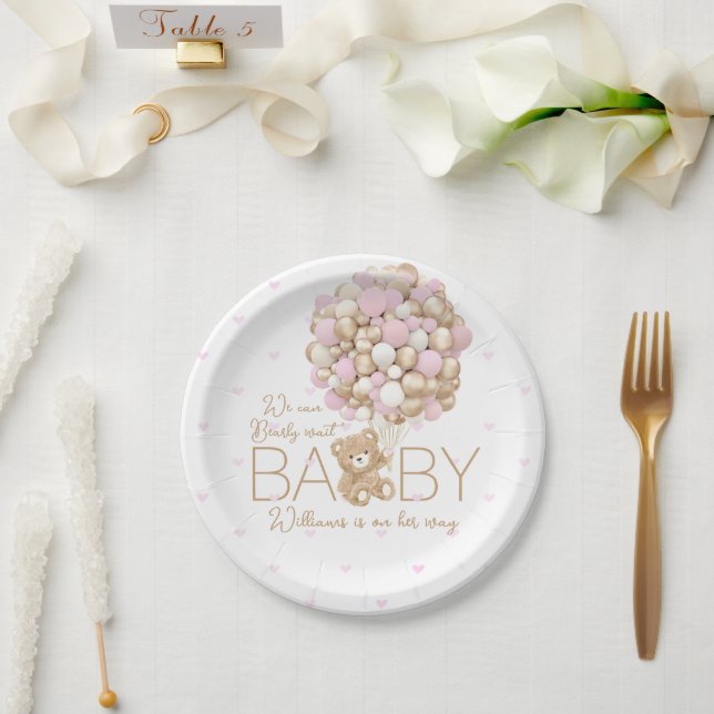 Teddy Bear Pink Heart & Balloon Baby Girl Dusche Pappteller (Hochzeit)
