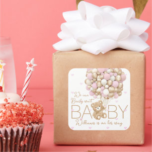 Teddy Bear Pink Heart & Balloon Baby Girl Dusche Quadratischer Aufkleber