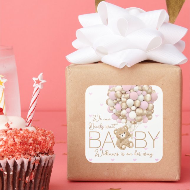 Teddy Bear Pink Heart & Balloon Baby Girl Dusche Quadratischer Aufkleber (Party)