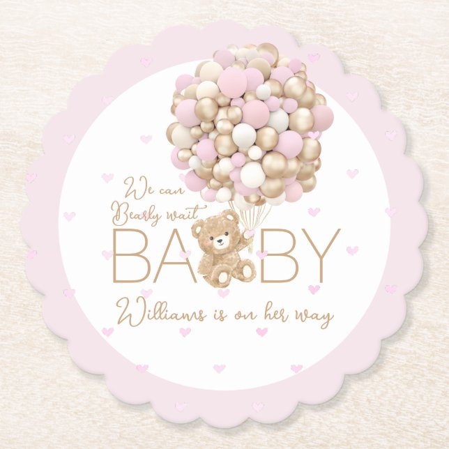 Teddy Bear Pink Heart & Balloon Baby Girl Dusche Untersetzer (Vorderseite)