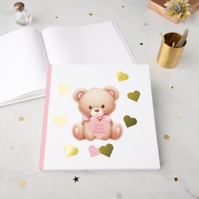 Teddy Bear Pink Hearts Foil Guestbook Gästebuch (Vorderseite Offen)