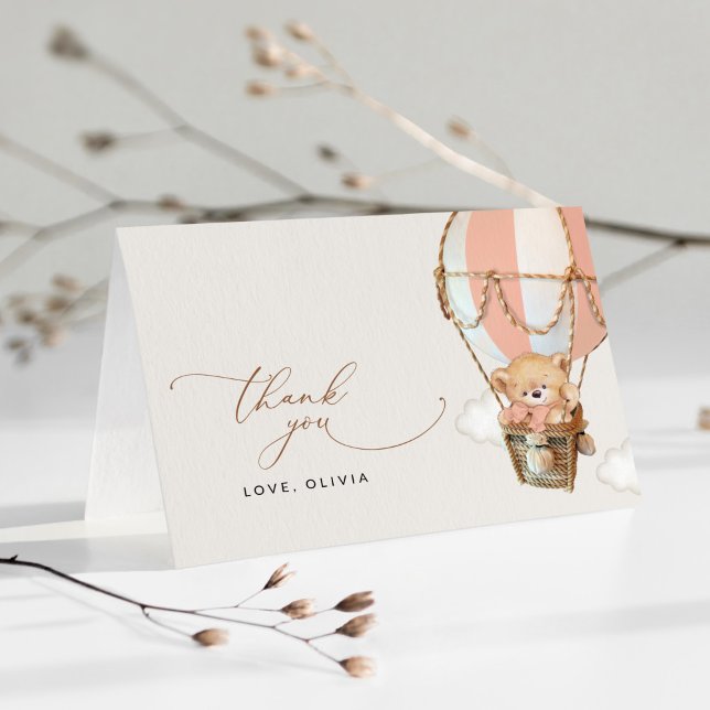 Teddy Bear, Pink Hot Air Ballon, Babydusche Dankeskarte (Von Creator hochgeladen)