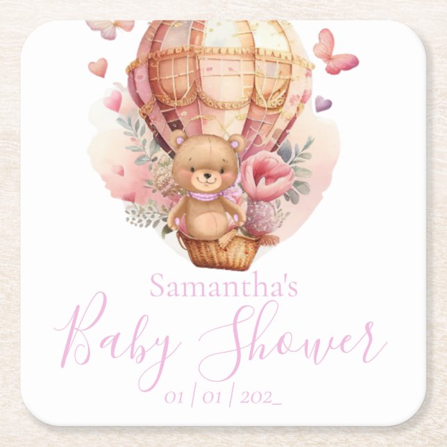 Teddy Bear Pink Hot Air Ballon Babydusche Rechteckiger Pappuntersetzer (Vorderseite)