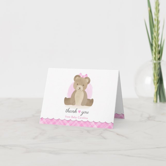 Teddy Bear Pink Kariert Baby Dusche Vielen Dank Dankeskarte (Vorderseite)
