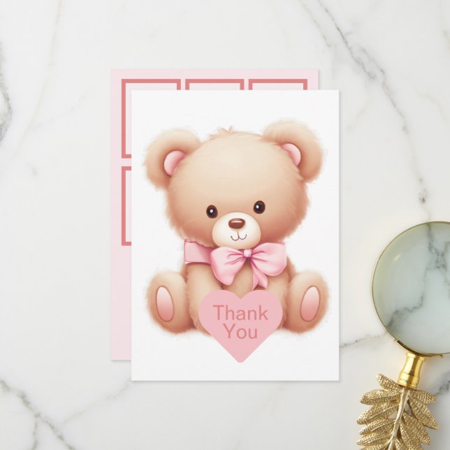 Teddy Bear Pink Photo Collage Carte de remerciemen (Devant/Arrière en situation)