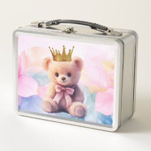 Teddy Bear Pink Ribbon Gold Crown Metall Brotdose