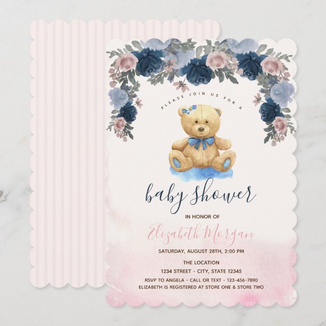 Teddy Bear Pink Stripes Babydusche Einladung (Vorne/Hinten)
