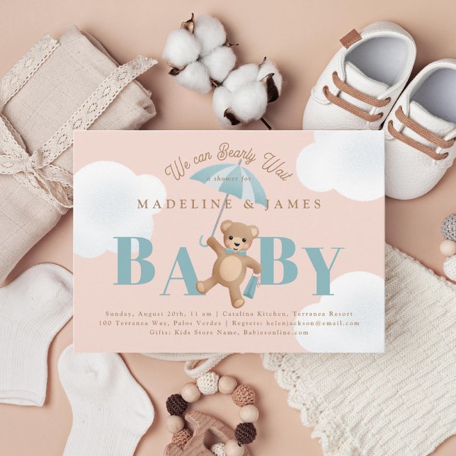 Teddy Bear Pink und Blue Bearly Wait Baby Shooter Einladung (Von Creator hochgeladen)
