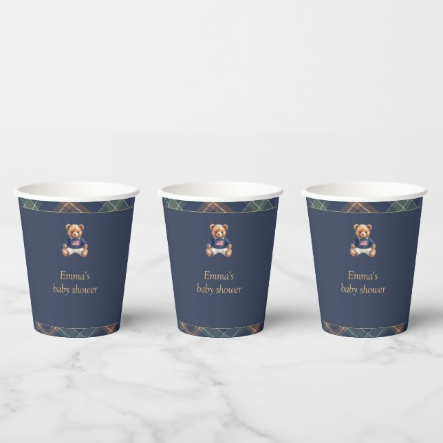 Teddy Bear Plaid Boy Baby Shower Paper Cup Pappbecher (Multi)