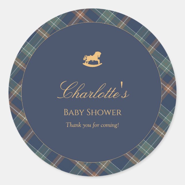 Teddy Bear Plaid Boy Baby Shower  Runder Aufkleber (Vorderseite)