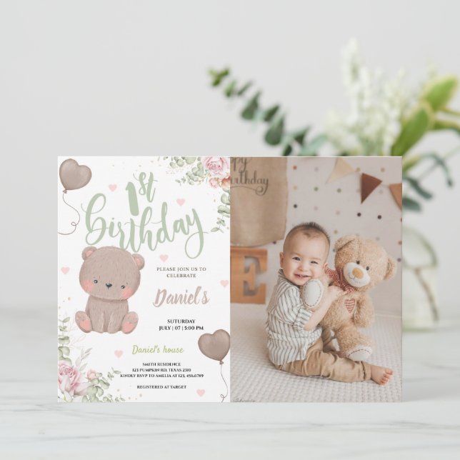 Teddy Bear Premier anniversaire Carte photo de l'i (Debout devant)
